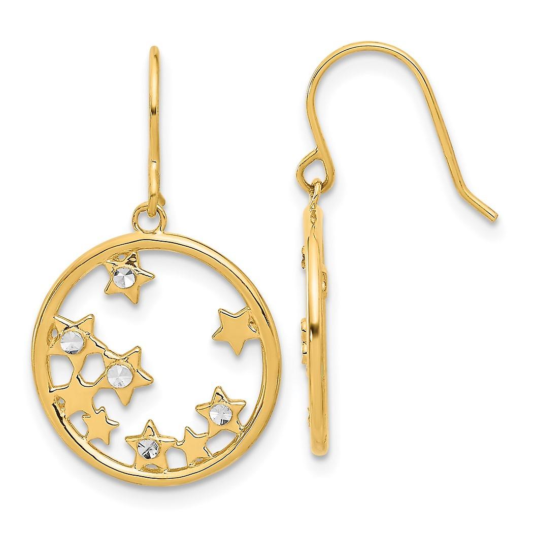 14k and White Rhodium Diamond-Cut Stars In Circle Long Drop Dangle Earrings 27.5x16.25mm Wide-Dangle Earring for Women