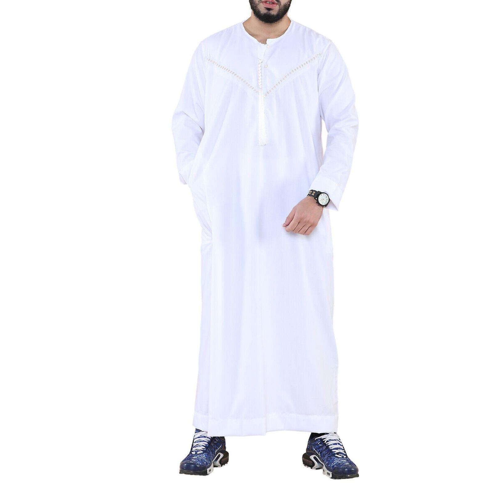 Mens White Thobe Jubba Saudi Islamic Arab Eid Emirati Omani Kaftan Tassel Robe