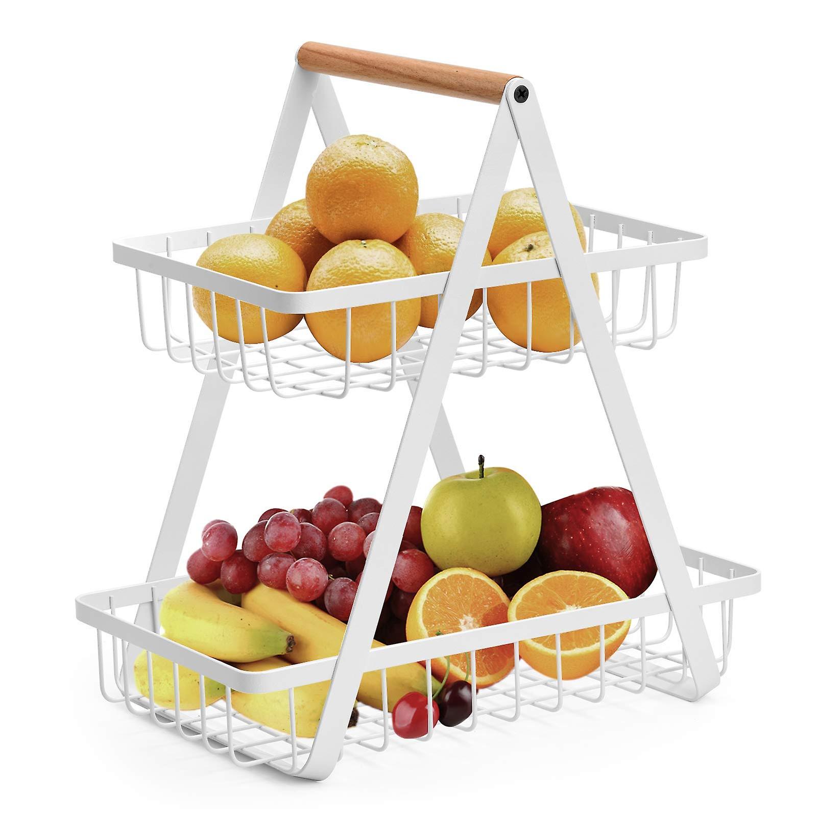 2-Tier Fruit Basket Metal Storage Stand for Kitchen Countertop, White Bread and Vegetable Organizer