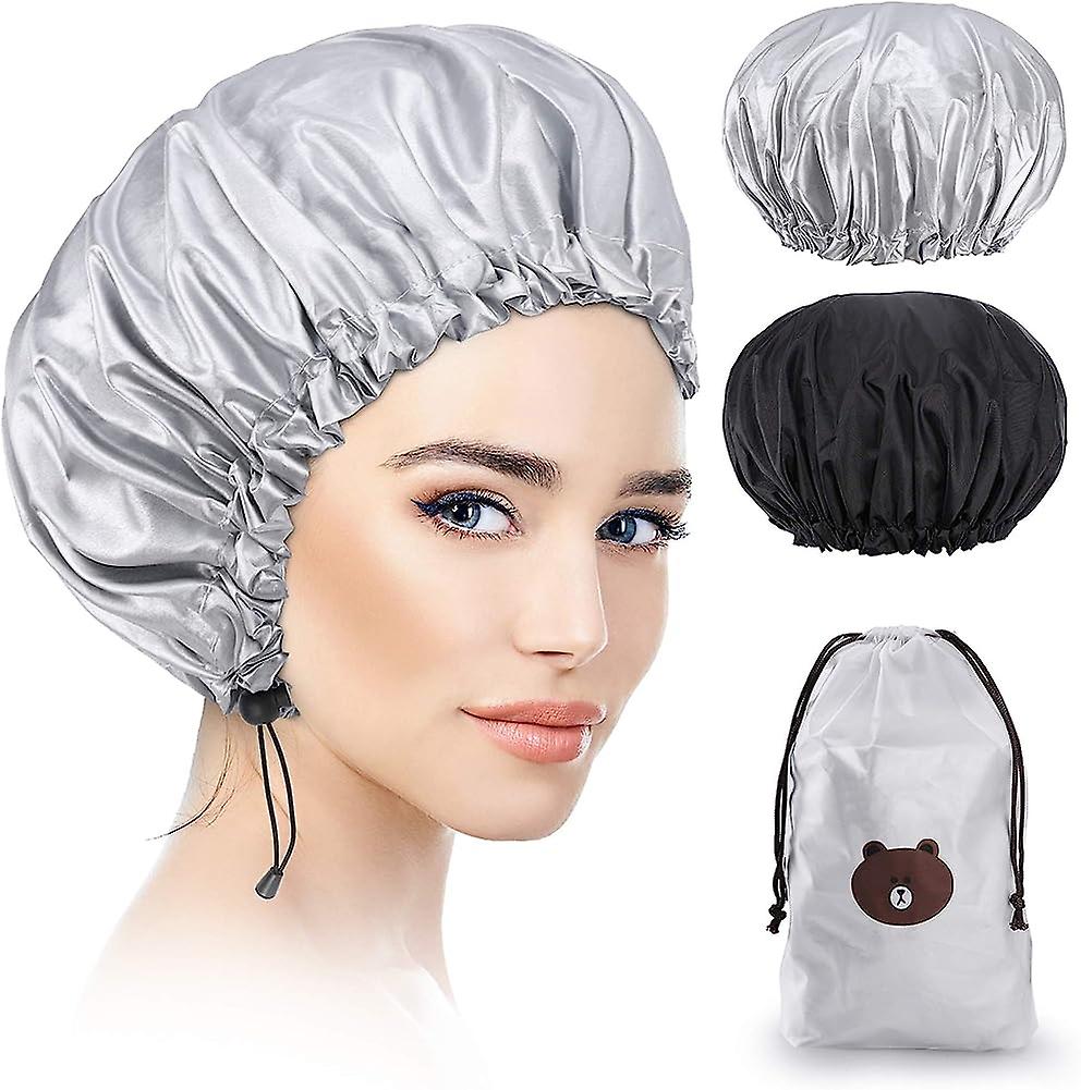 2 Piece Shower Cap, Waterproof Elastic Bathing Cap Reusable Hat, Large Hair