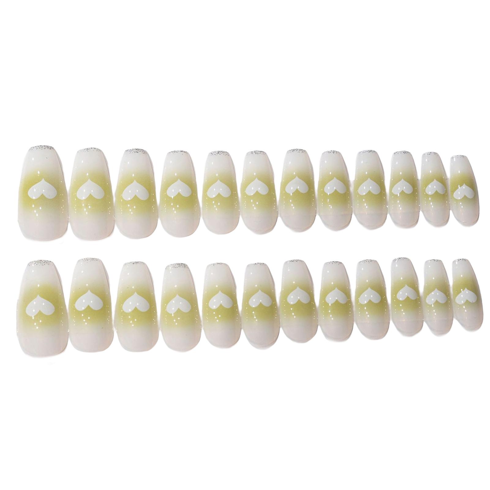Salon Fake Nails Press On Nails Heart Pattern Green Color Rectangle False Nails For Women And Girls Nail Decor