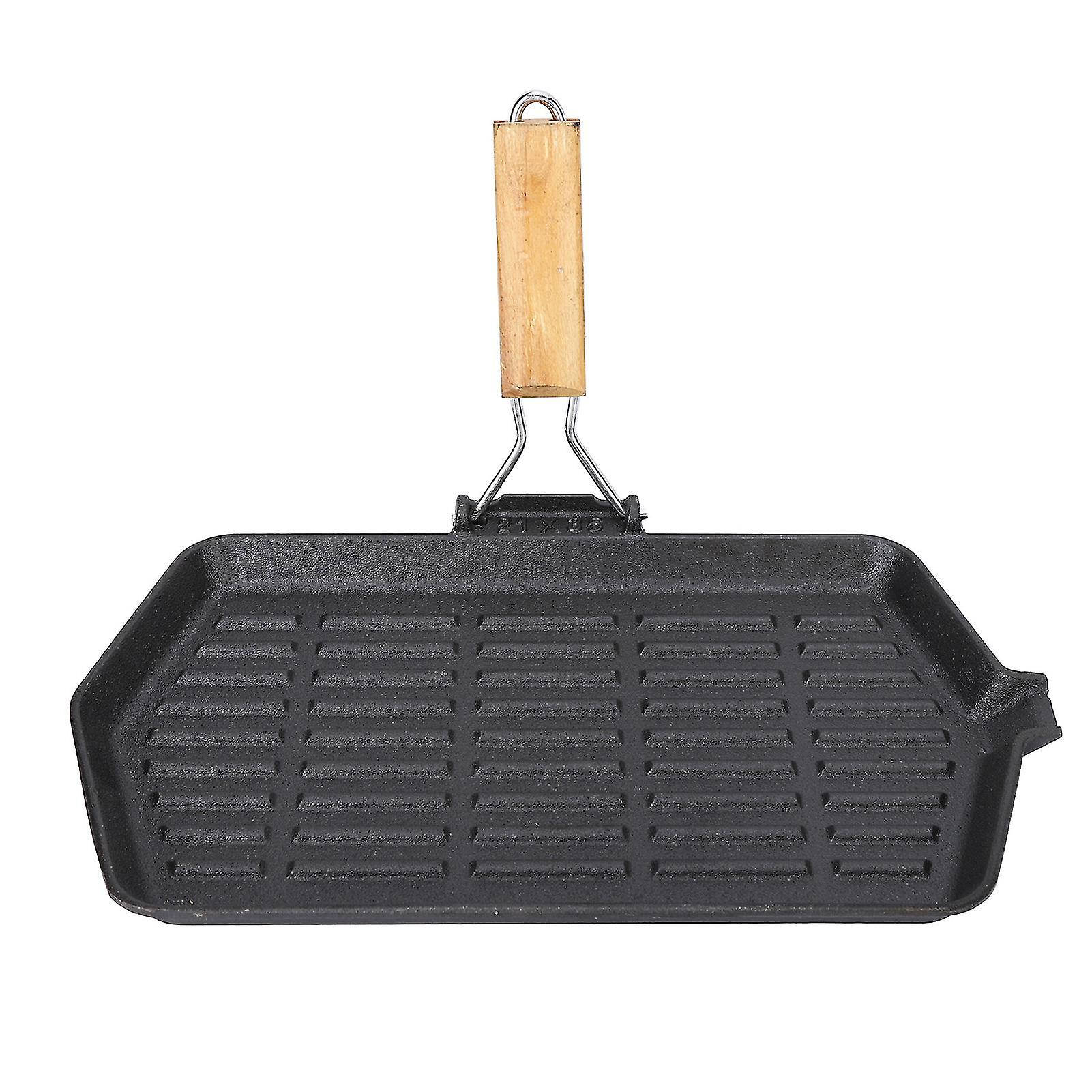 21x35 Grill Pan Household Portable Folding Cast Iron Non Stick Even Heating Steak Frying Pan with Wooden Handle