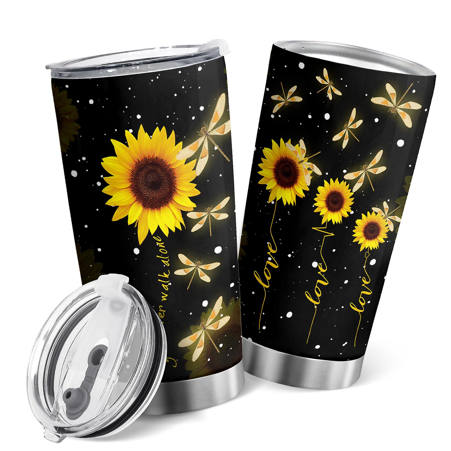 Oasisdream 20oz Tumbler Dragonfly Sunflower Stainless Steel Double Wall Insulated Cup with Lid