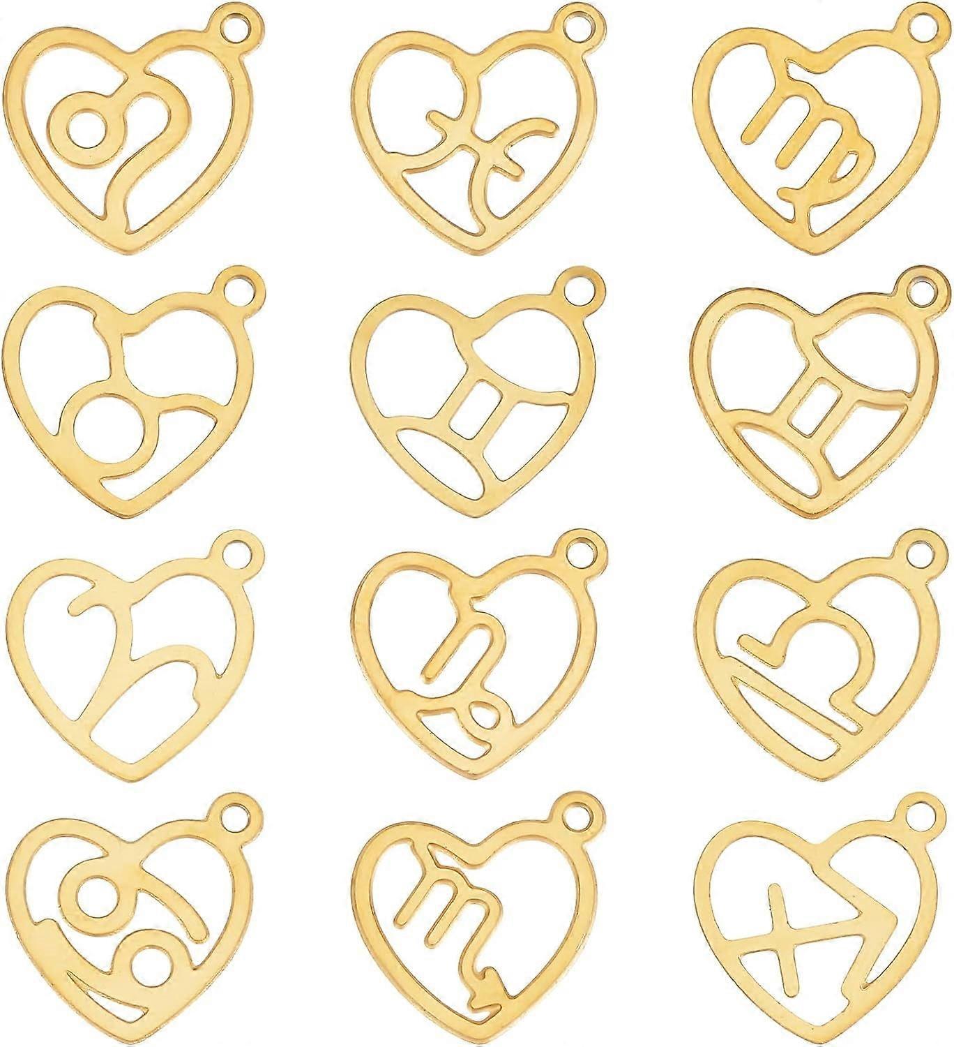 1 Box 24Pcs 12 Style Real 18K Gold Plated Constellation Charms Bulk Zodiac Charm Zodiac Sign Heart Lucky Amulet Laser Cut Charm for Jewelry Making Cha