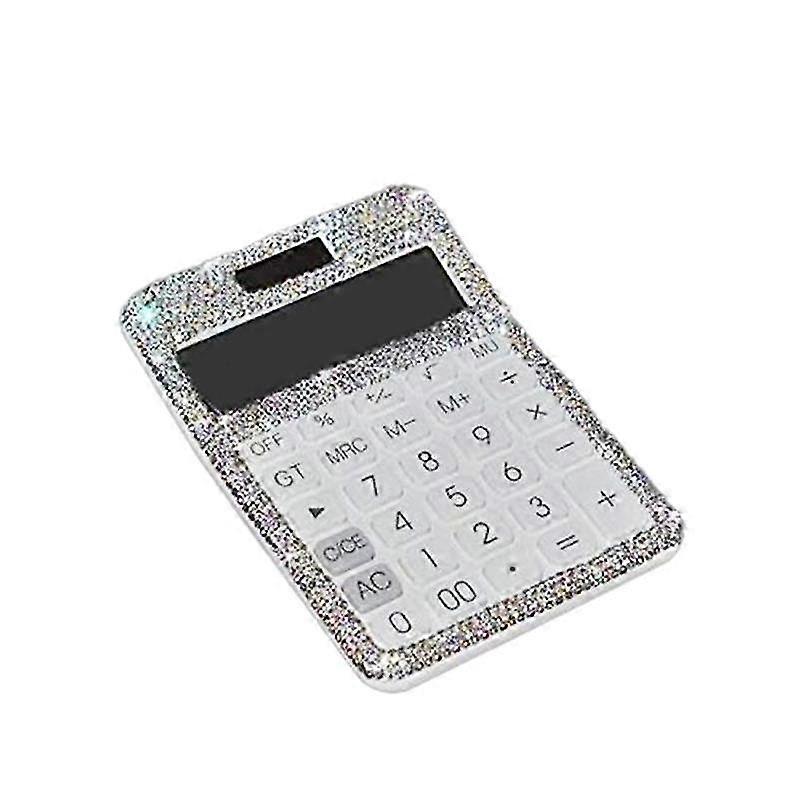 Rhinestone Crystal Dazzling 12 Digit Solar and Battery Dual Power ,LCD Display Calculator for Office, School White