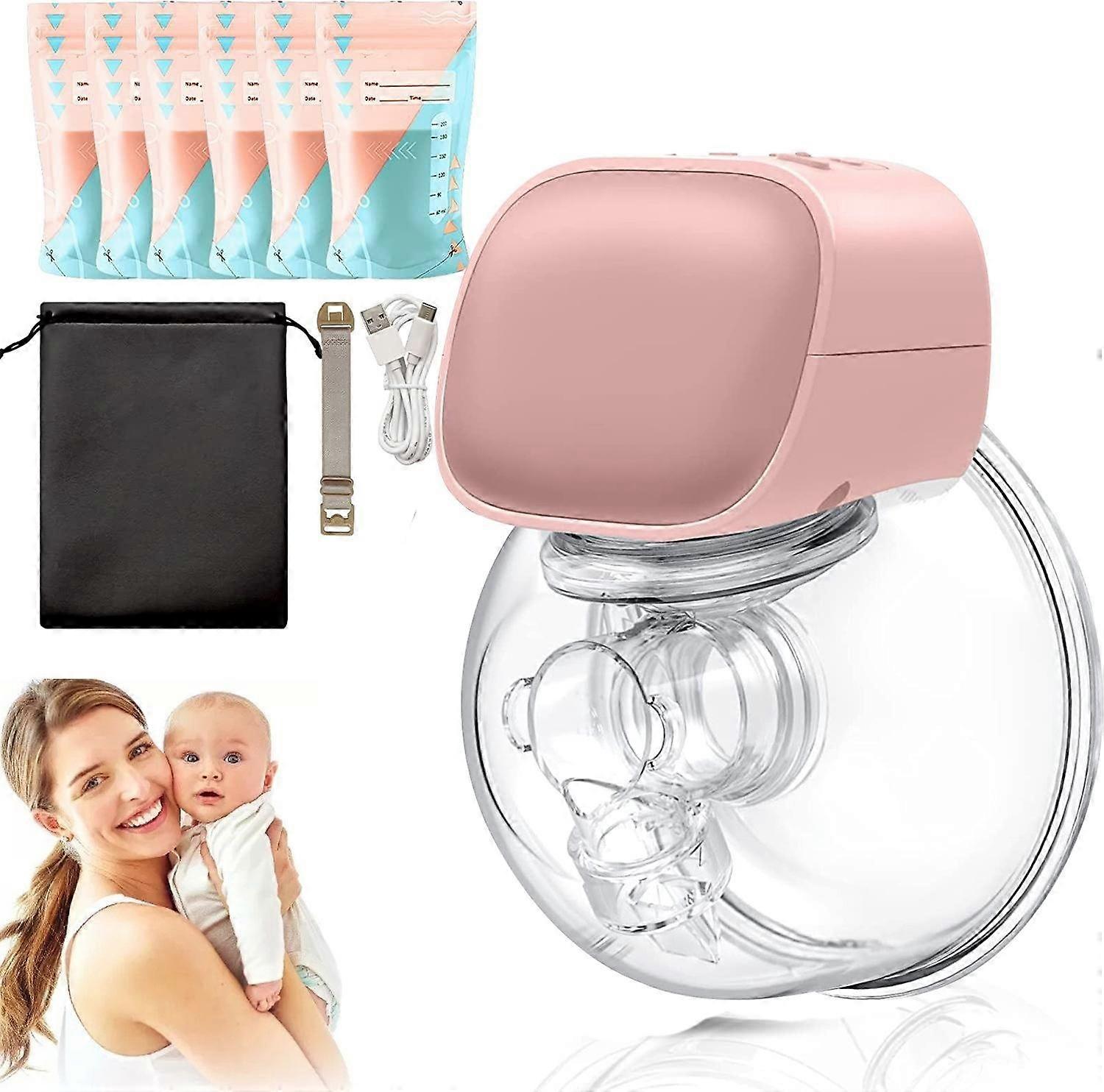 مضخة ثدي كهربائية غير مؤلمة يمكن ارتداؤها مع كيس حليب (وردي)