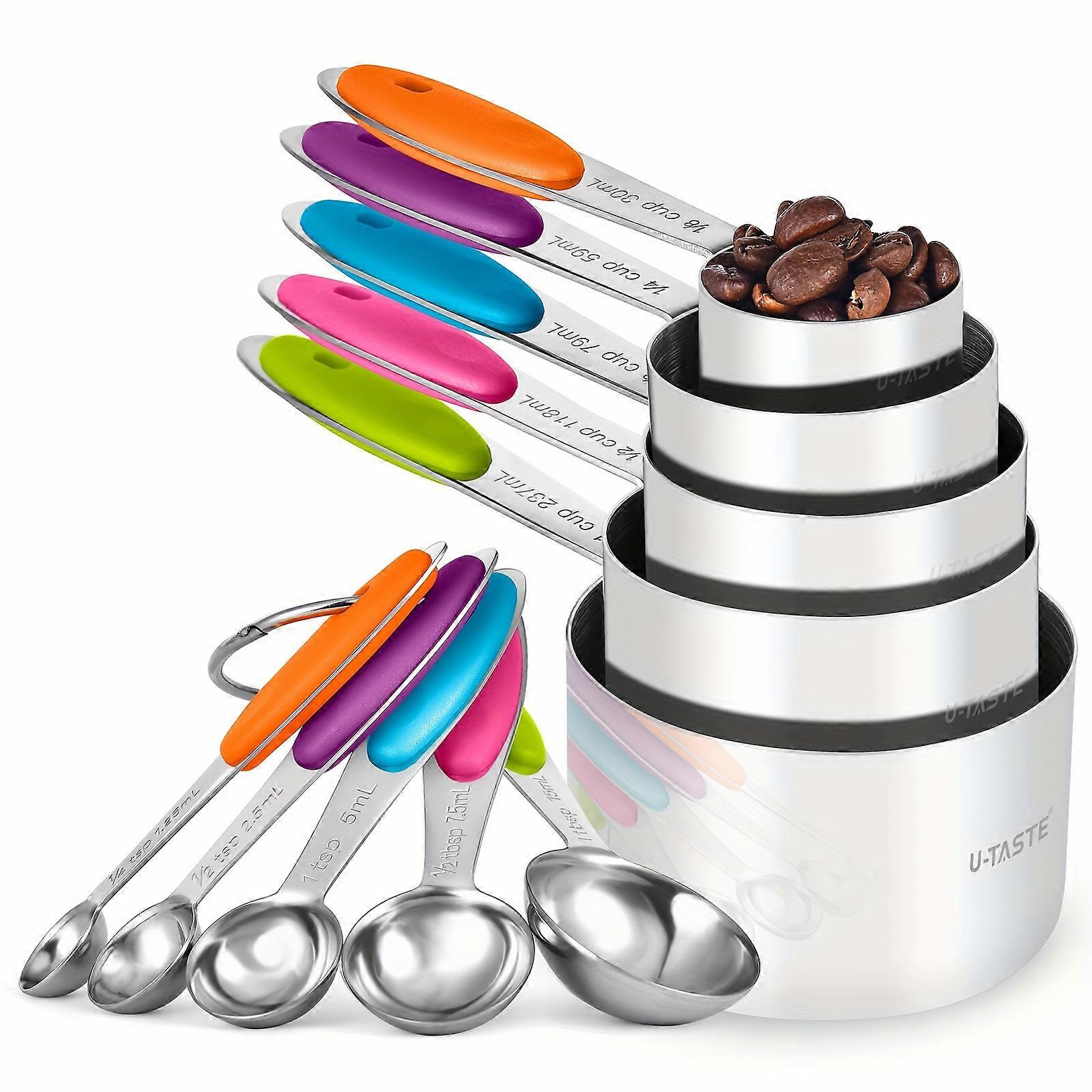 18/8 Stainless Steel Measuring Cups and Spoons Set, Metal Nesting Stacking Kitchen Baking Cooking Food Measurement Set with 5 Cups 5 Spoons for Dry an