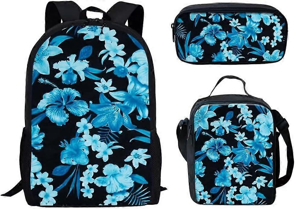 ピクニックキャンプフードコンテナペンシルケース付きブルーハイビスカススクールバックパックセット、女の子ティーンブックバッグスクールバッグ、3個セット