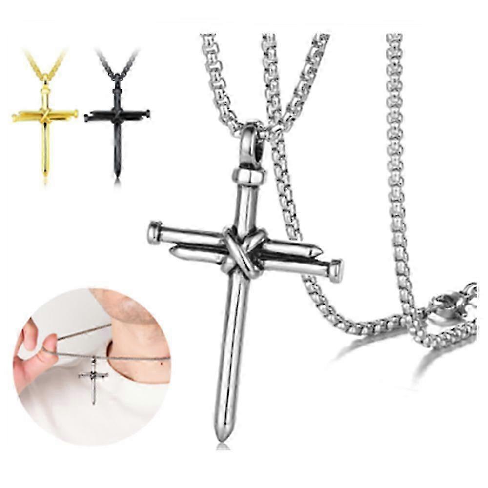 Men's Stainless Steel Nail Cross Pendant Necklace with 24In Chain Polished Black