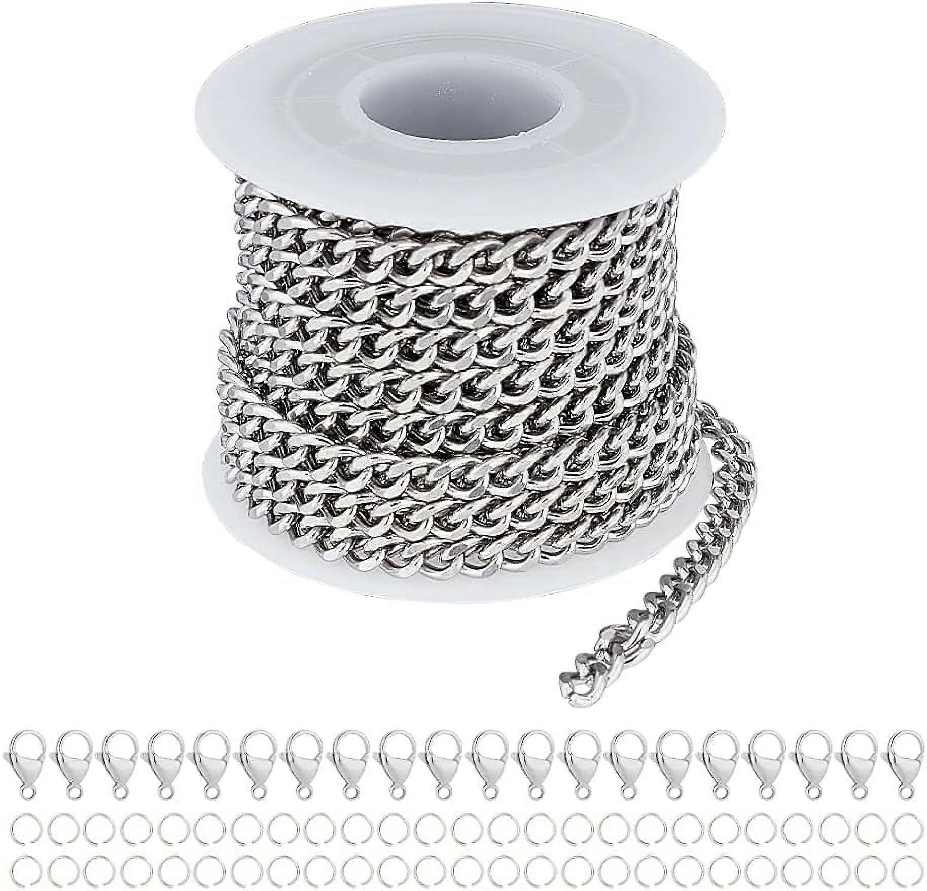 5m Stainless Steel Curb Chains Cuban Link Chains Twisted Links Necklace Chain Bulk Spool with Open Jump Rings Lobster Clasps DIY Chain Bracelet Neckla