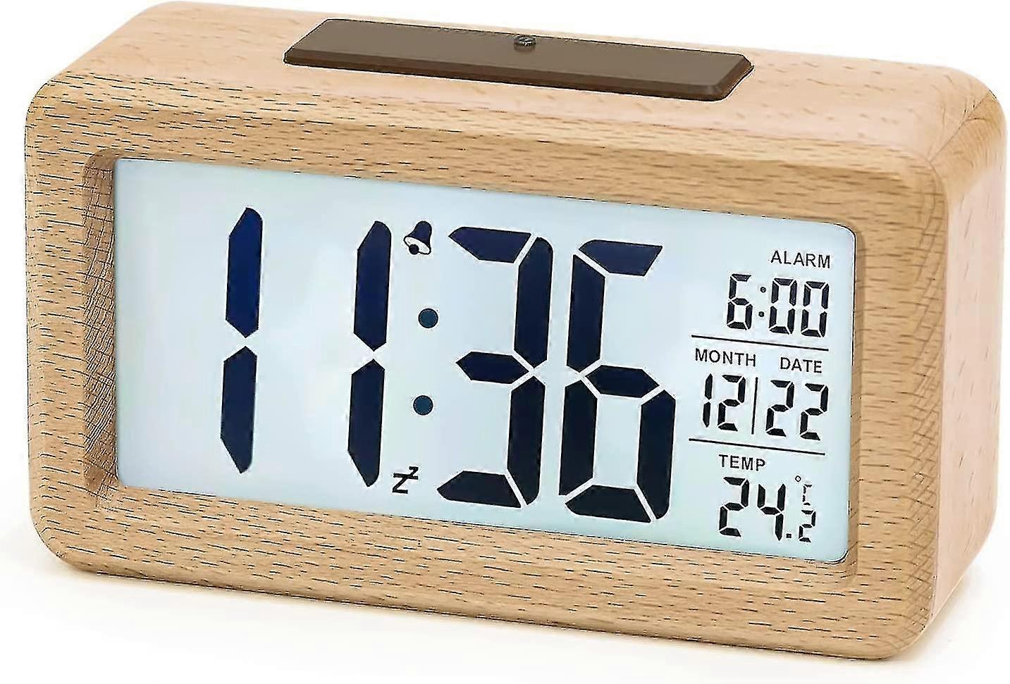 Digital Alarm Clock, Wooden Bedside Clock With Large Lcd Backlit Display, Temperature, Snooze Function, Brightness Sensor, 3 Aaa Battery Operatedbatte