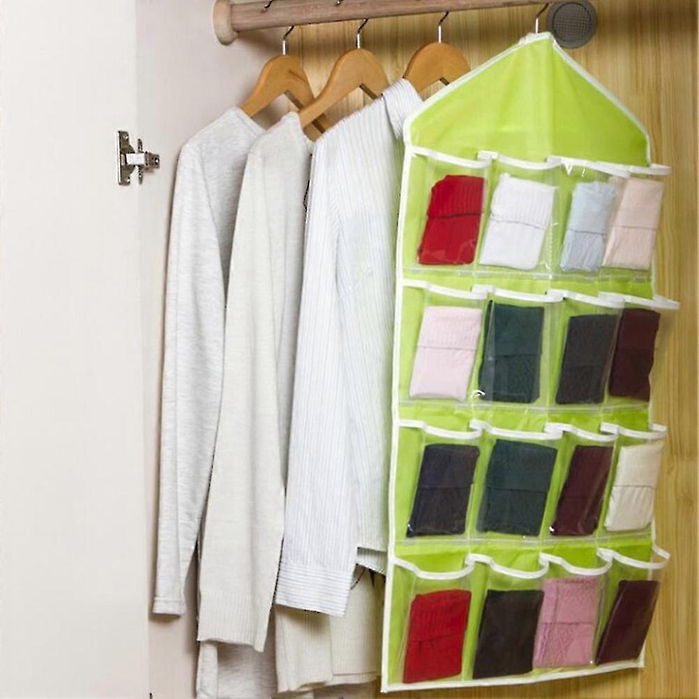 16 Grids Reusable Hanging Polyester Holder Socks Bra Underwear Storage Bag(green)