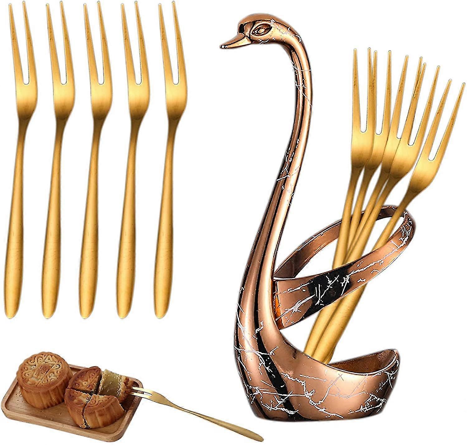 Swan Fruit Fork Cutlery Set With Swan Bottom Storage Rack With 10 Forks, Used For Cakes