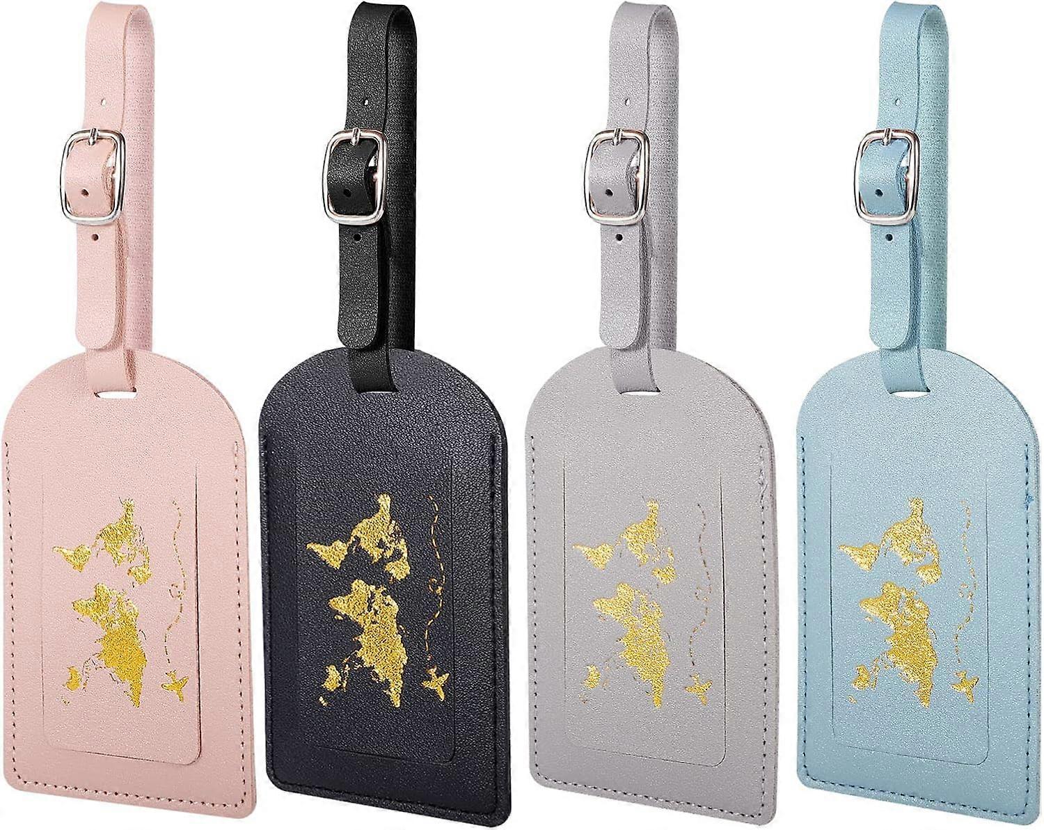 4 Pcs Pu Leather Luggage Tag Writable Travel Suitcase Tag with Adjustable Buckle for Handbag Pets, Airplane