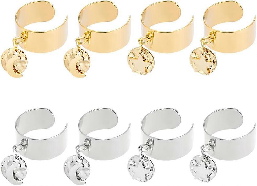 8 Pcs 2 Colors Stainless Steel Charm Rings Women's Ring Round Charm Ring 2 Styles Adjustable Rings with Moon Star Charms Open Cuff Finger Ring Sets fo