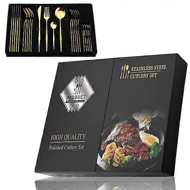 24Pcs Black Handle Golden Cutlery Set Stainless Steel Knife Fork Spoon Tableware Flatware Set Festival Kitchen Dinnerware Gift