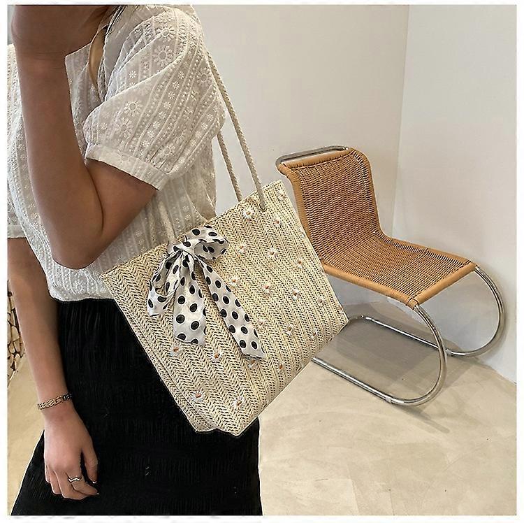 Handbag Summer Women Straw Woven Shoulder Bag Straw Bag Flower Lace Ribbon Beach Handbags Casual Ladies Solid Color Large Capacity Totes