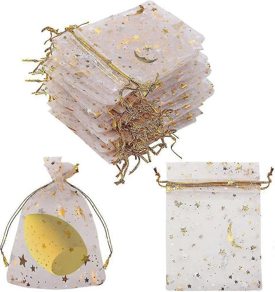 100ピースムーンスターオーガンザジュエリーキャンディーバッグ、2.7x3.5インチ好意バッグウェディングパーティーバレンタインデー用巾着付きギフトポーチ