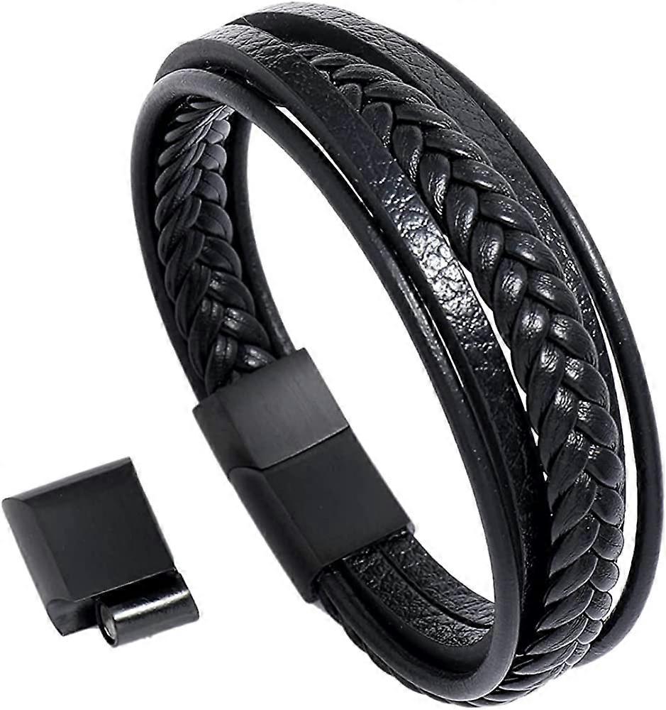 Mens Läder Manschett Armband Justerbart med Magnetlås Kohud Multi-Layer Läder Flätade Pojkar Läder Armband Gåva