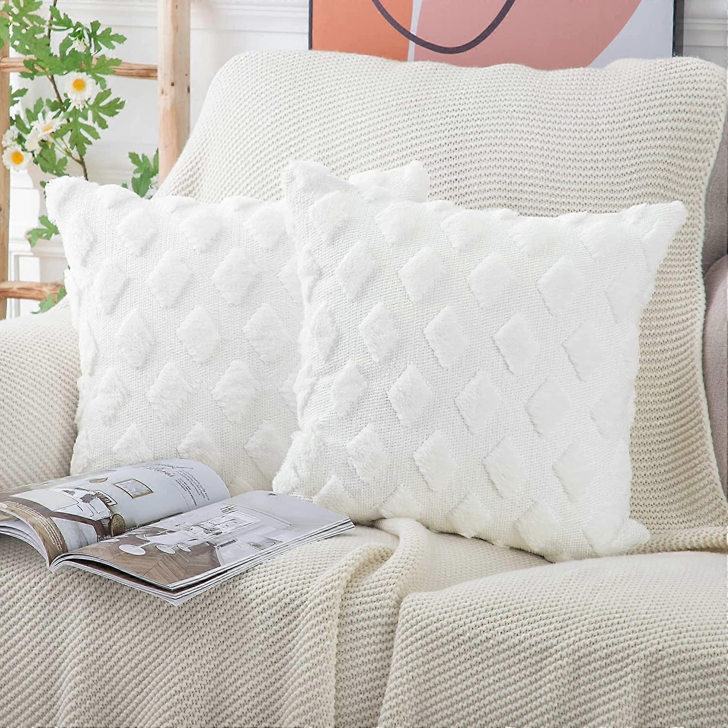 Pack of 2 Soft Plush Short Wool Velvet Decorative Cushion Covers Luxury Style Throw Pillow Cases Pillow Shell for Sofa Bedroom Square White 18x18 inch