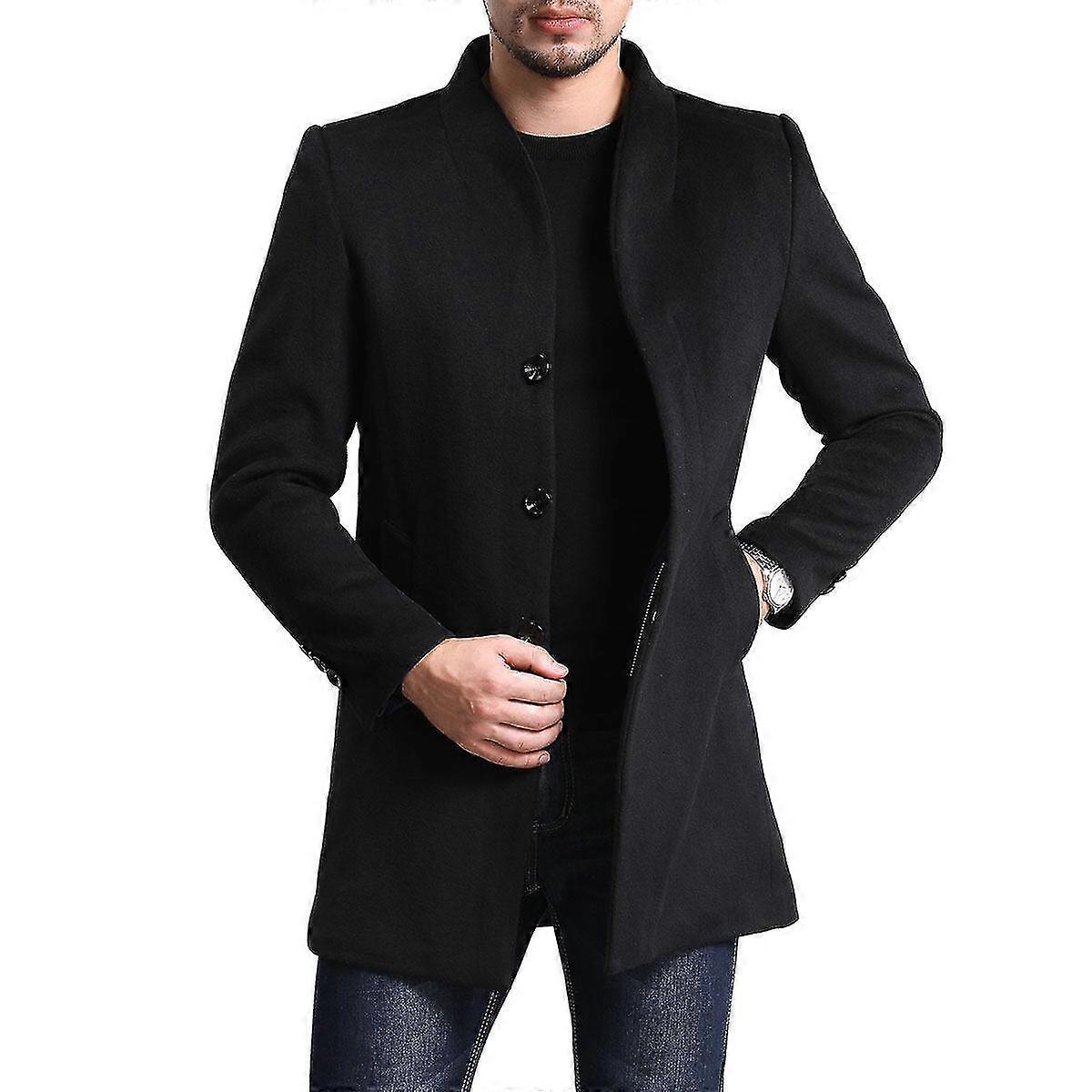 Allthemen Mens Winter Wool Single-breasted Three-button Mid-length Coat Fast