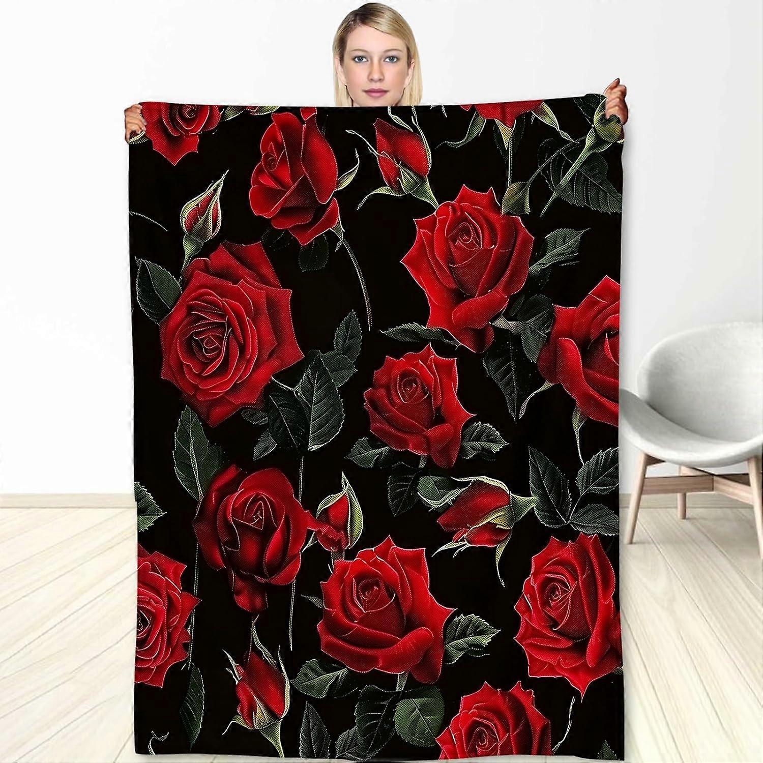 Çiçekli Battaniye Lüks Kırmızı Gül Battaniye Atmak - Kanepe, yatak takımları, seyahat ve dış mekan kullanımı için rahat hafif, ev için bulanık ve sıcak pazen