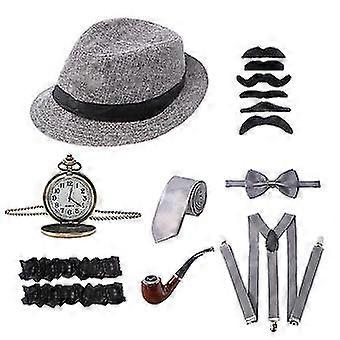 1920 Mens Gatsby Costume Accessory Set with Panama Gangster Hat Beard Adjustable Elastic Braces Neck Bow Pocket Watch Leg Ring for Party