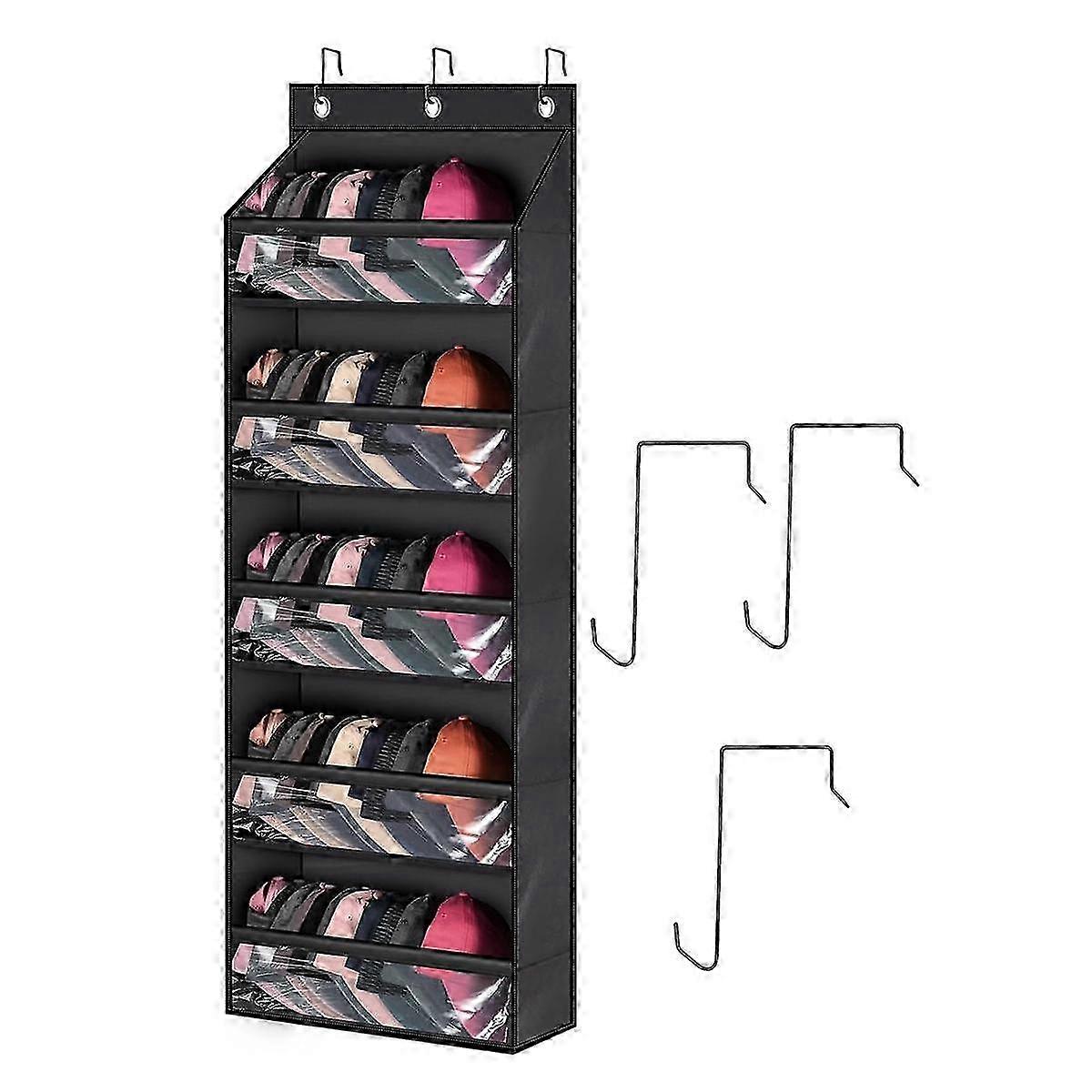Over Door Hat Rack - Clear 6-Pocket Organizer with 3 Hooks for Baseball Caps