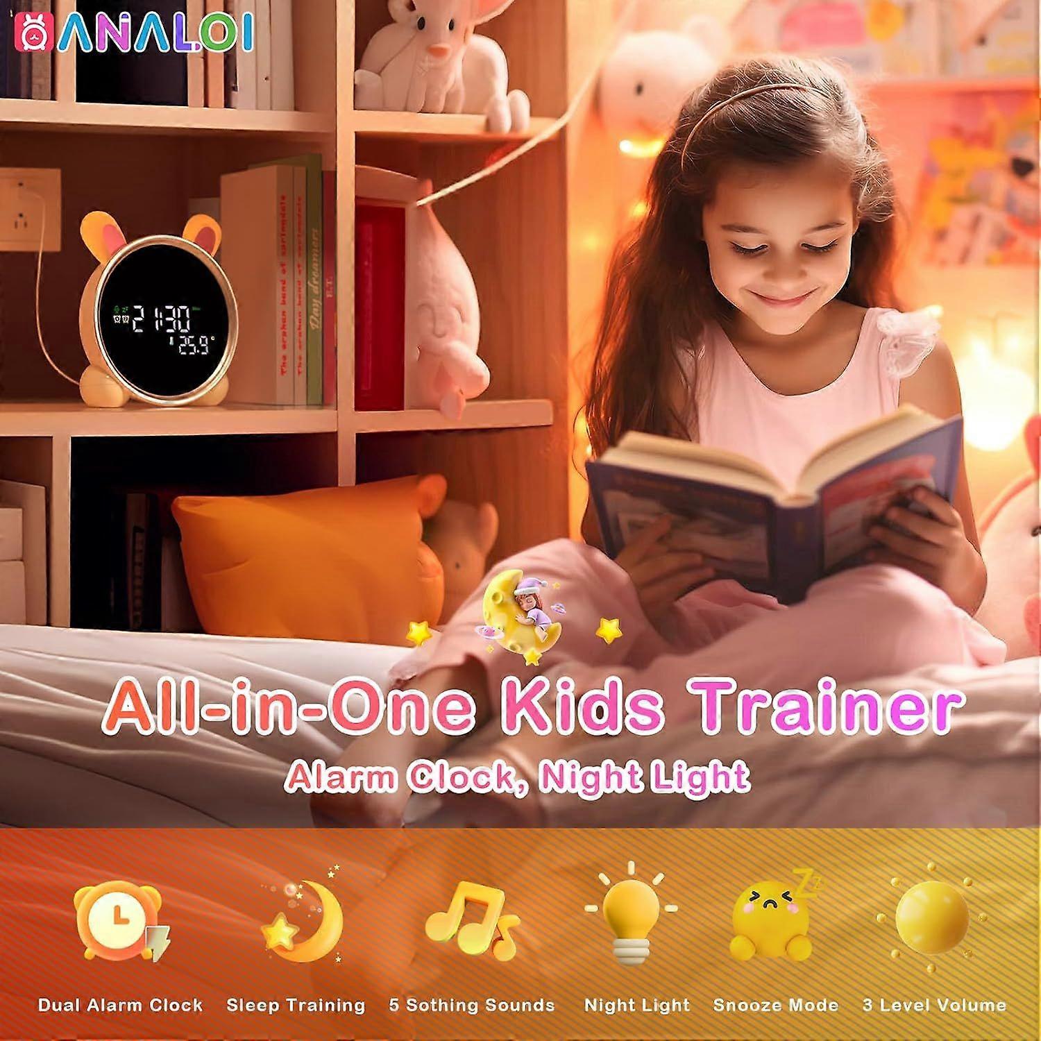 Kids Alarm Clock, Sleep Training Clock with Sun & Moon, Sleep Sound Machine, Timer Night Light, OK to Wake Clock Rabbit