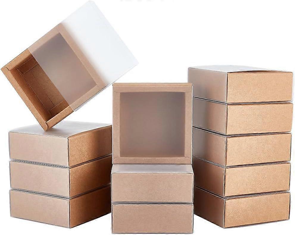 16 Packs Kraft Paper Gift Boxes Square Brown Drawer Boxes with PVC Windows Cover 3.8x3.8x1.45 for Party Favor Treats Bakery Jewelry Proposal Gift Pack