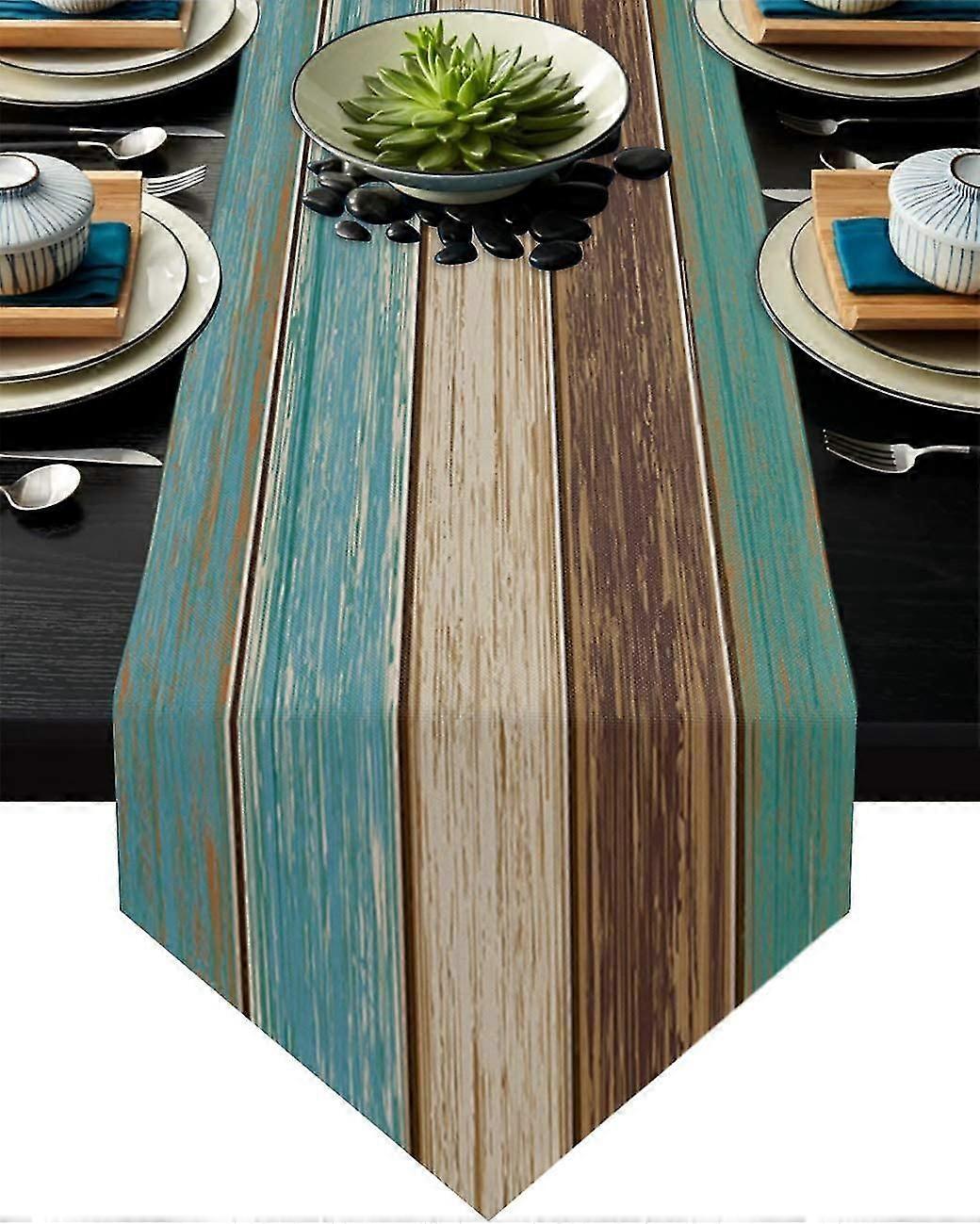 Linho Burlap Corredores de Mesa Rústica 90 Polegadas Cachecol Longo, Retro Barn Wood Brown Teal Table Runner