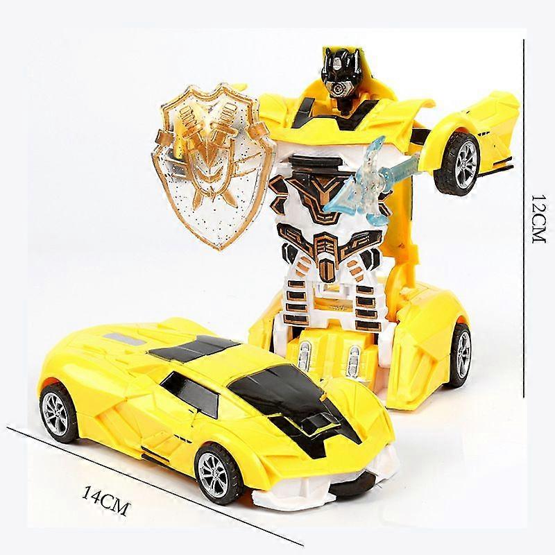 (Two pieces) Collision Deformation Toy Car Autobot Robot Inertia Impact One Button Deformation Car Boy Gift (New Rambo yellow color box)
