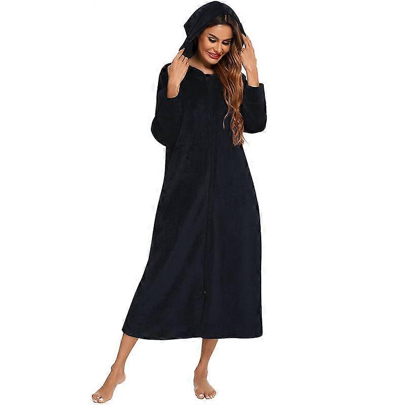 Women's Zip Up Plush Fleece Robe Hooded Warm Long Bathrobe Dressing Gown Winter Cozy Zipper Lounger Sleepwear Housecoat Loungewear Nightgown