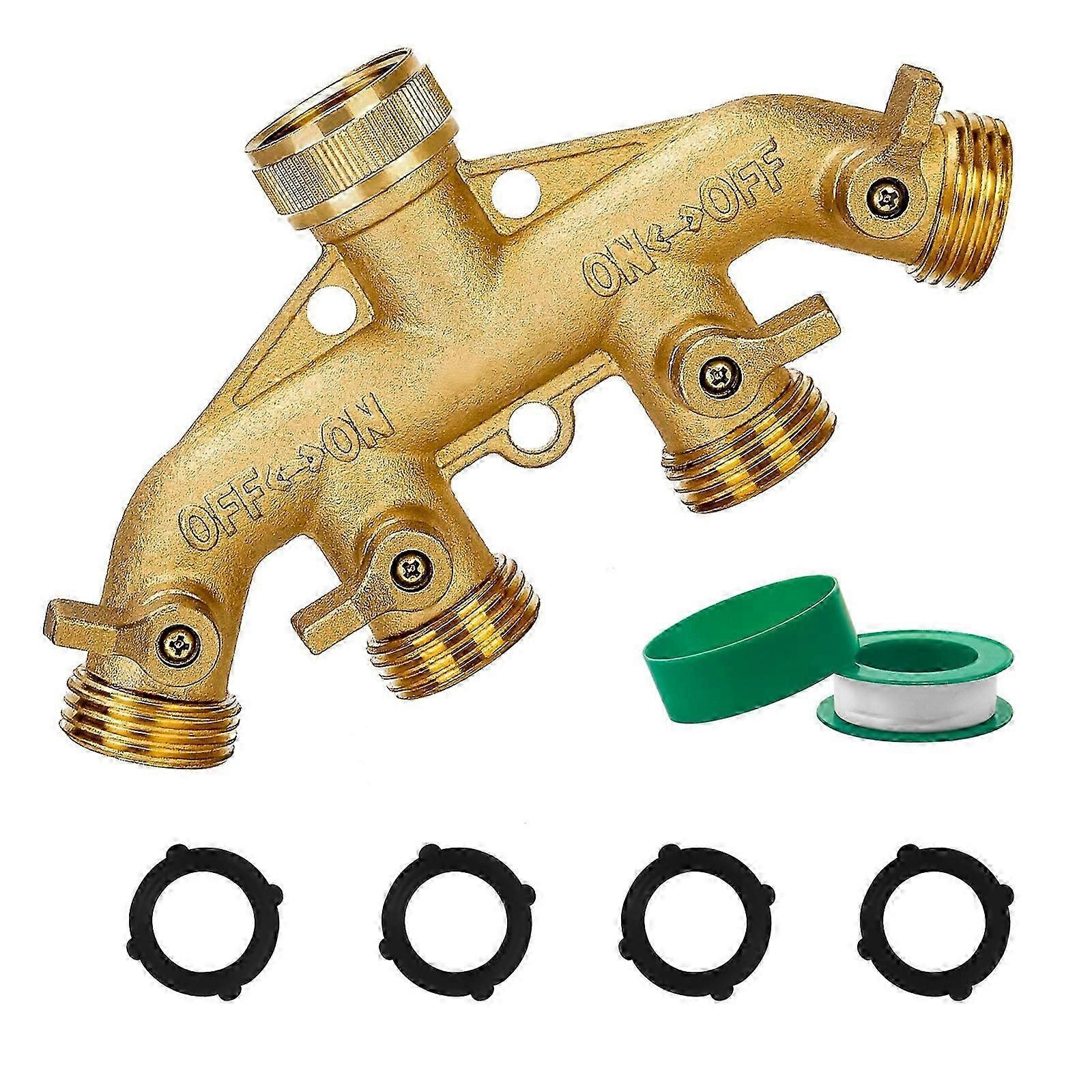 4-way Brass Hose Splitter With 4 Valves, Teflon Tape Included