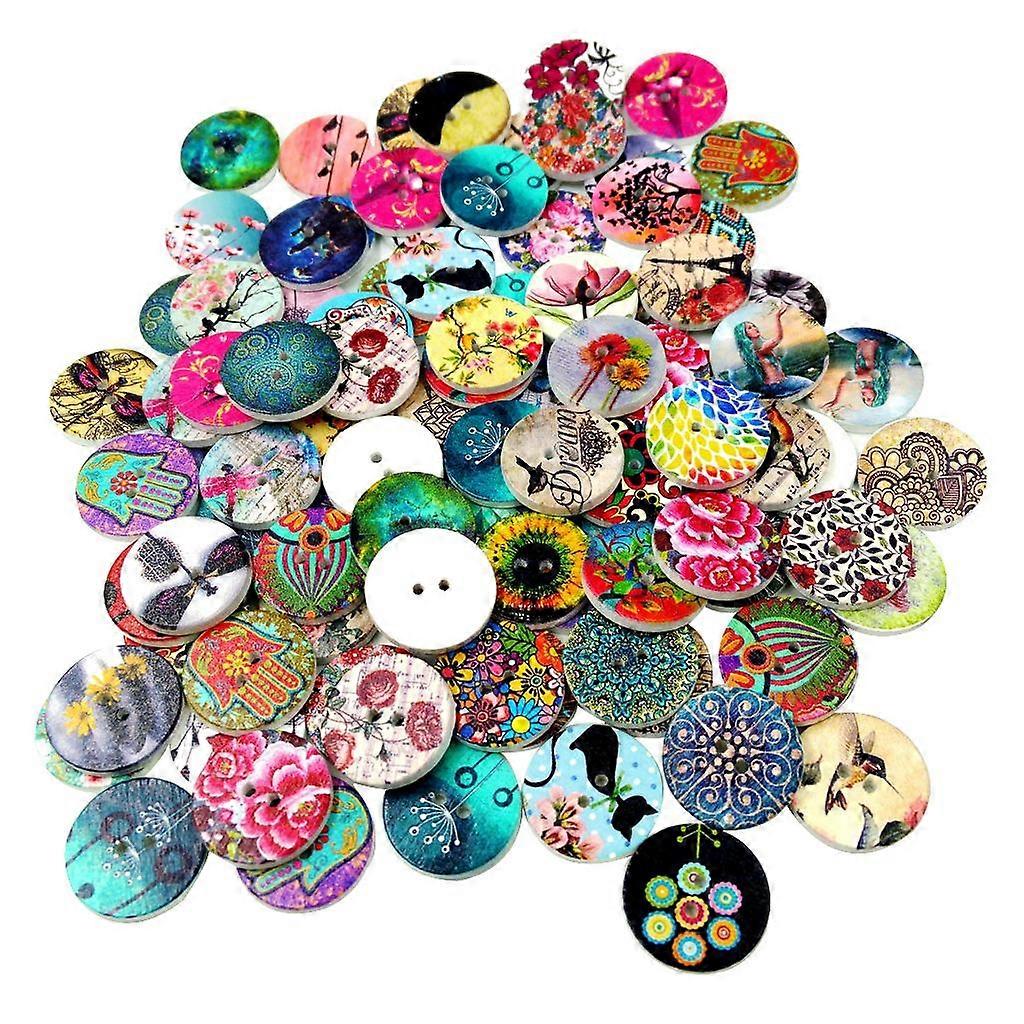 100pcs Mixed Round Pattern 2 Holes Wood Buttons Sewing Scrapbooking DIY 20mm