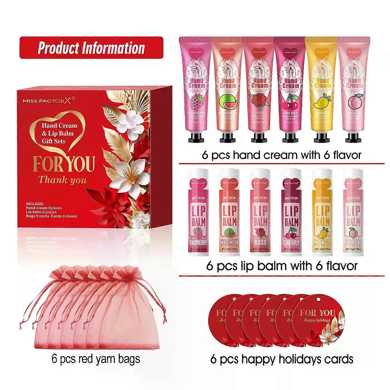 24 قطعة / صندوق مرطب الشفاه بكميات كبيرة ، كريم اليد بكميات كبيرة بطاقة شكر وحقيبة شاش أحمر ، هدية زفاف للضيوف ، عيد الميلاد ورأس السنة الجديدة