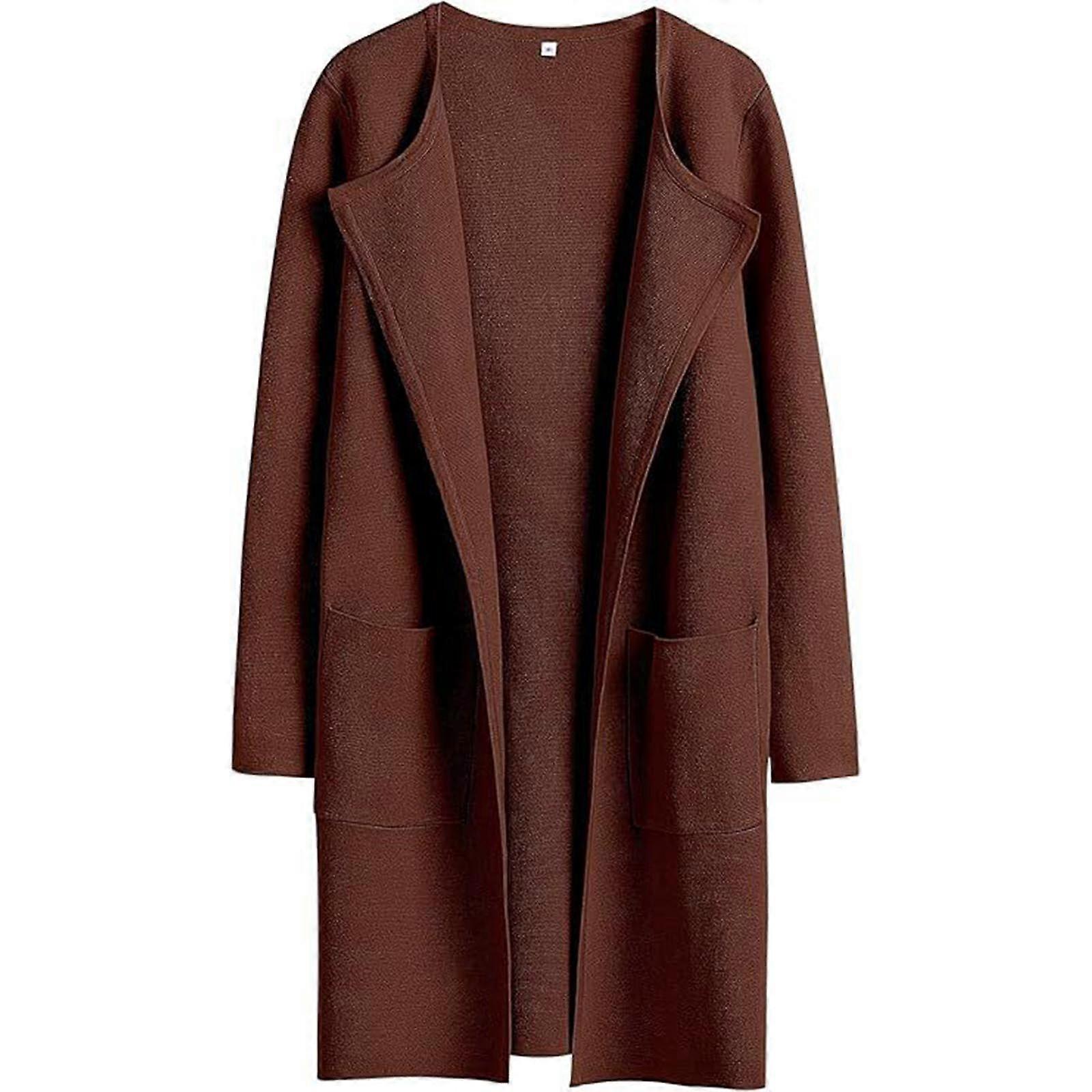 Womens Winter Oversize Round Collar Woolen Solid Color Long Peacoats Jacket Open Front Pocket Long Jacket Burgundy XL