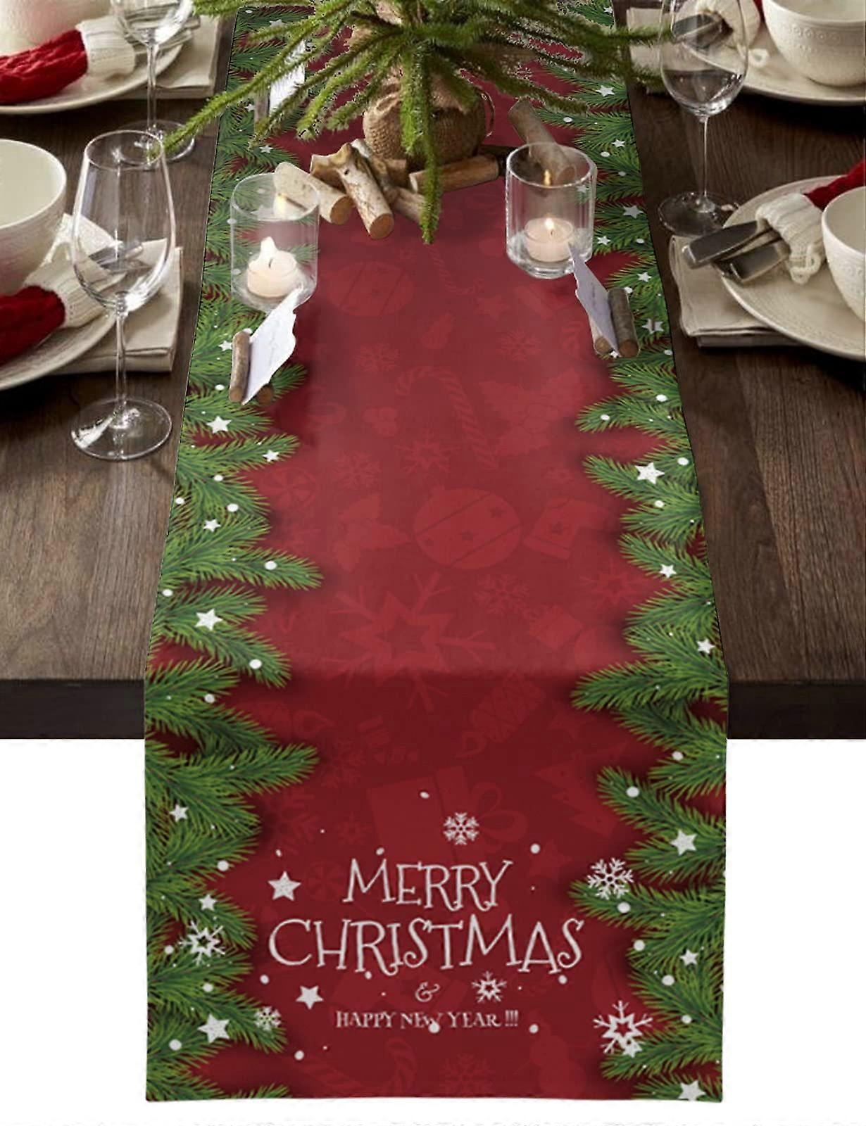 Table Runner Merry Xmas Snowflakes and Pine Red for Kitchen/Dining 13x90in