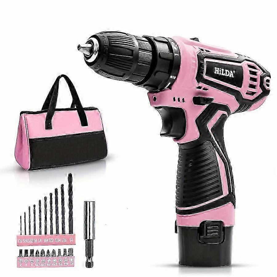 12V Pink Cordless Drill Driver Set, Electric Drill, Various Speed, Li-Ion Battery Powered, 25+1 Torque Setting, 3/8 Keyless Chuck, Electric Drill For