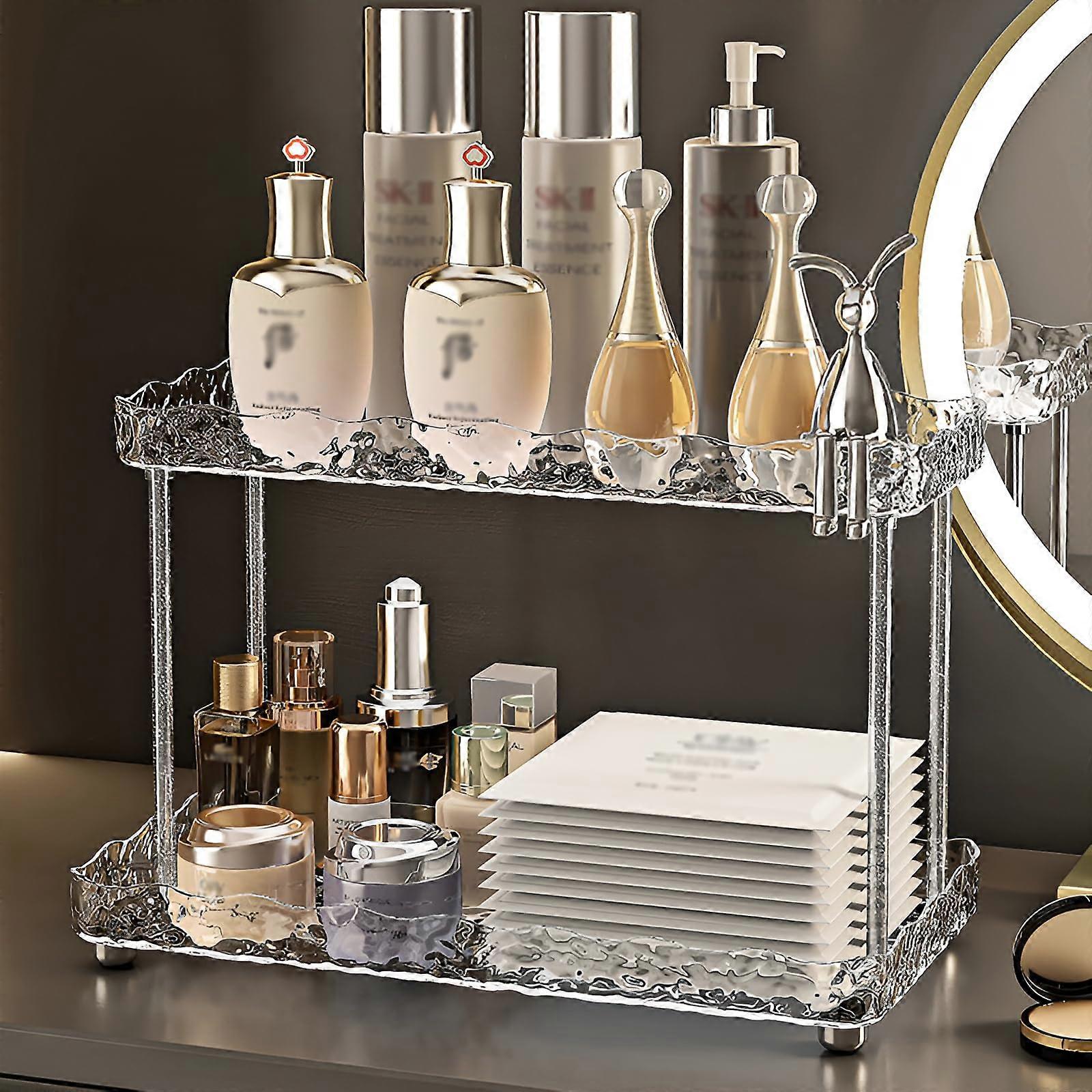 2-Tier Skincare Organizer with Drawers, Clear Acrylic Makeup Organizer for Vanity, Bathroom Countertop Storage Solution