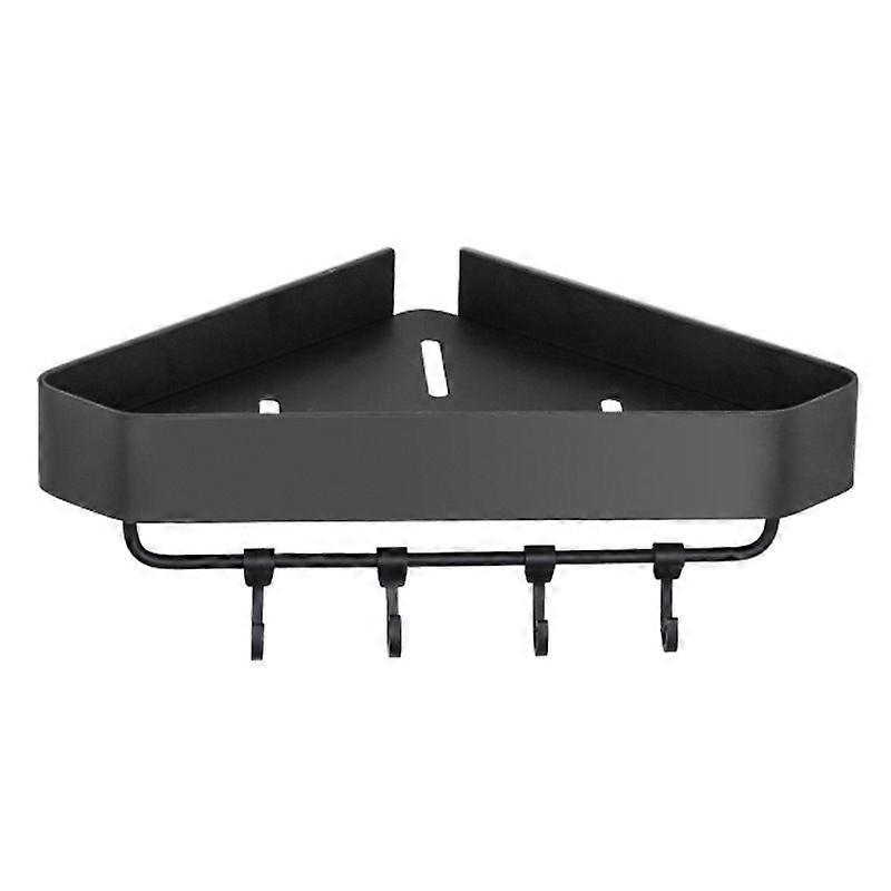 Toilet and bathroom shelf, free perforated triangle wall hanging, corner storage shelf (black with 4 hooks)
