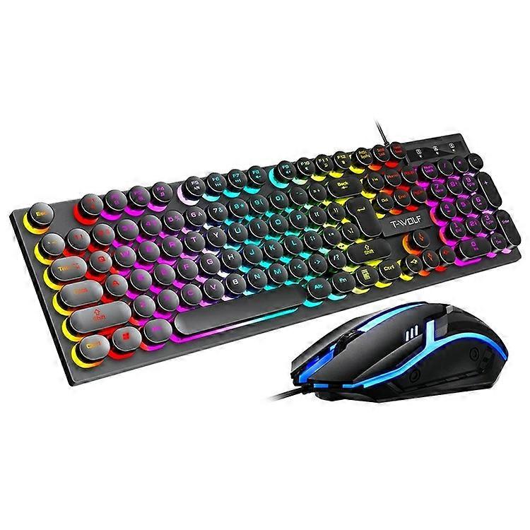 T-WOLF TF270 Retro Punk 104 Keys Mechanical Gaming Wired Keyboard and Mouse Combo Set with Colorful Backlight