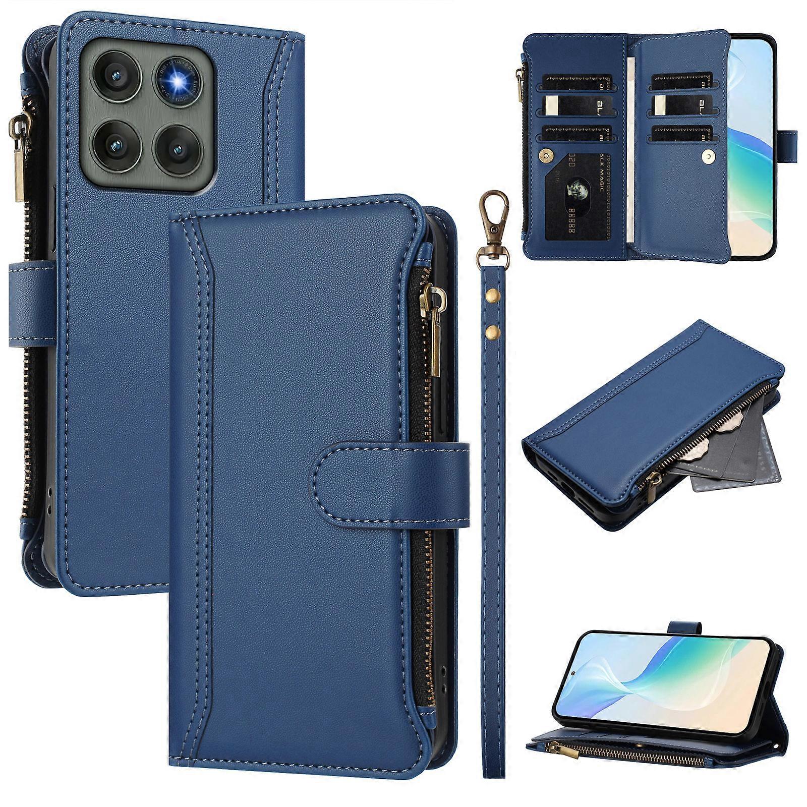 Compatible For Motorola Edge 60 Pro 5G Leather Case 9 Card Slots Zipper Wallet Stand Phone Cover with Wrist Strap