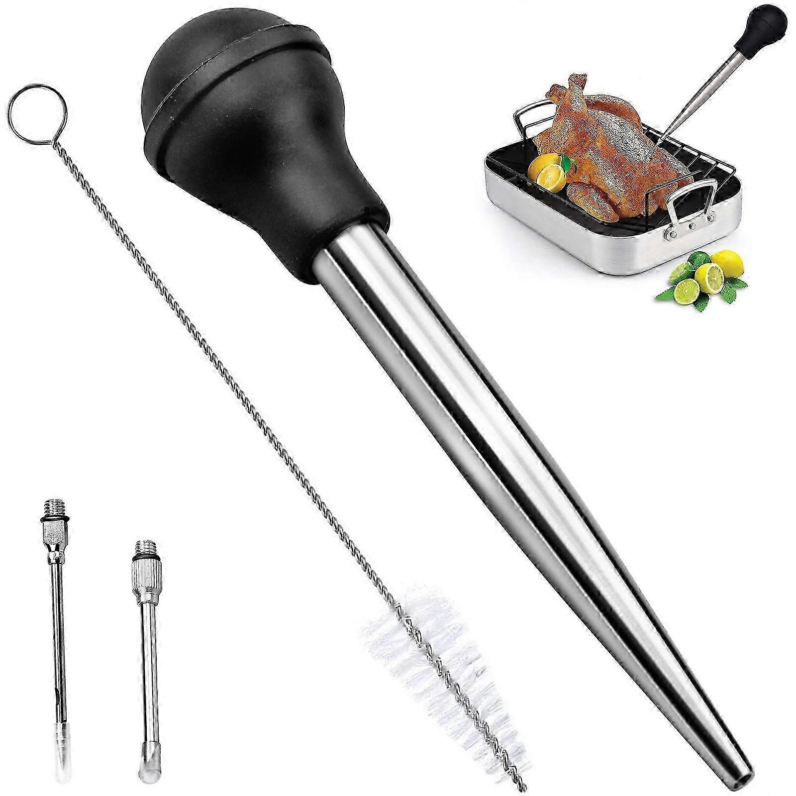 Turkey Baster Roasting Syringe Meat Syringe BBQ Marinade Syringe with 2 Needles, 304 Stainless Steel Spice Syringe Grill Cleaning Brush Kitchen Aid fo