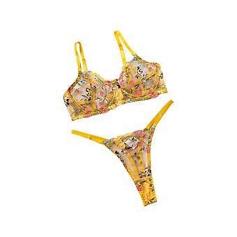 broderie florale armatures soutien-gorge et string G-string 2Pice ensemble respirant sheer mesh push up lingerie sous-vêtements pour femmes jaune XL