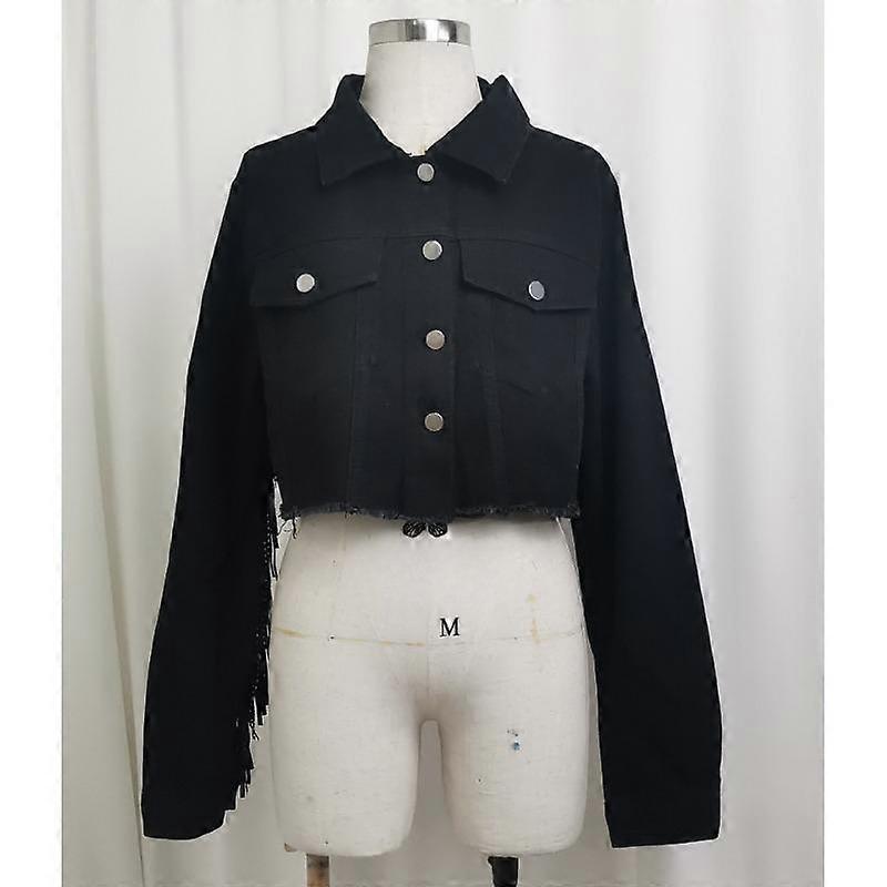Spring and Autumn Women's Denim Jacket Beaded Fringe Raw Edge Denim Short Jacket