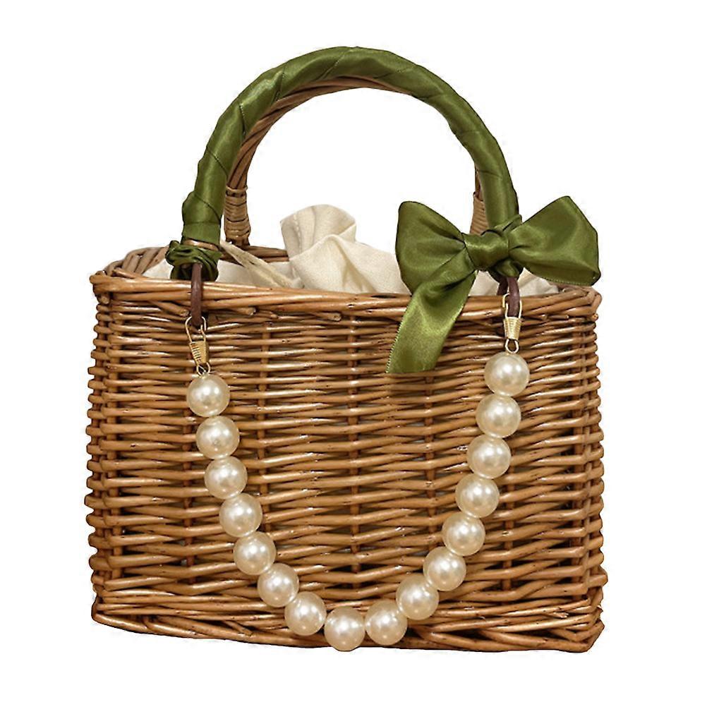 Bohemian Handwoven Rattan Straw Beach Tote with Olive Green Ribbon and Pearl Chain for Summer Travel, Pool & Vacation Use