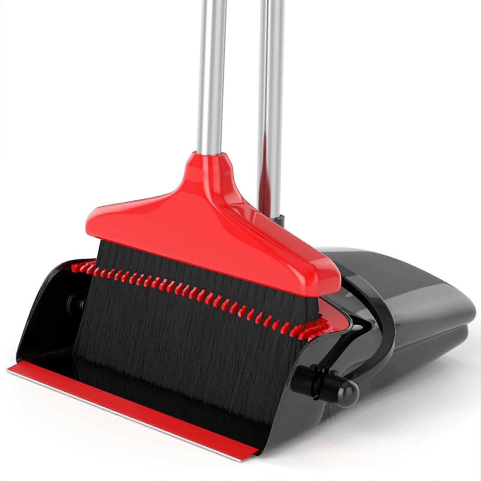 Broom with Dustpan Combo Set 54' Long Handle Adjustable Stainless Steel (Red and Black)