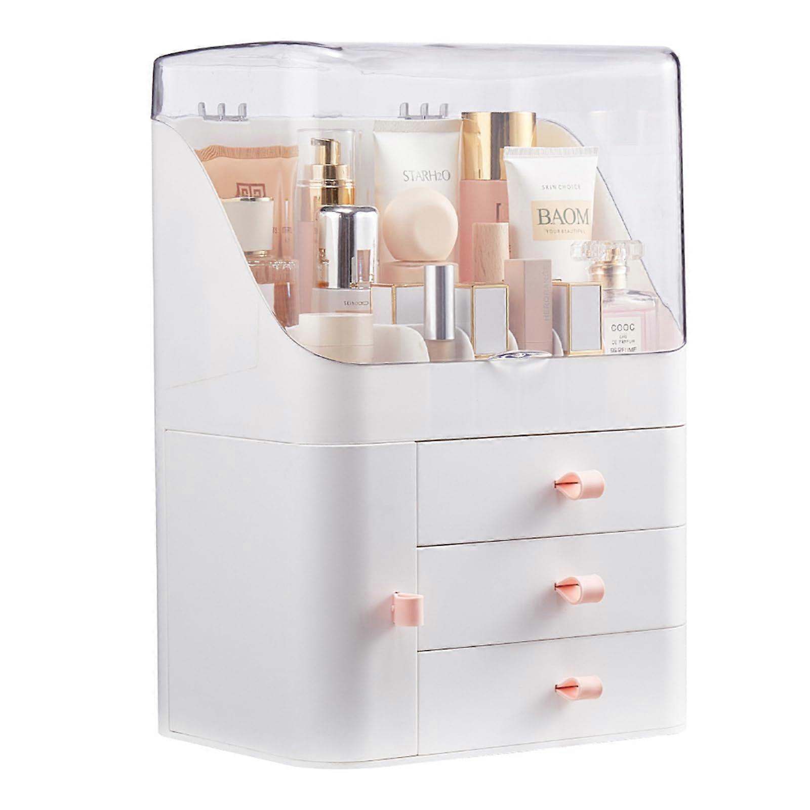 Make Up Organiser with Lid, Cosmetic Organiser with Brush Holder, 3 Drawers, White