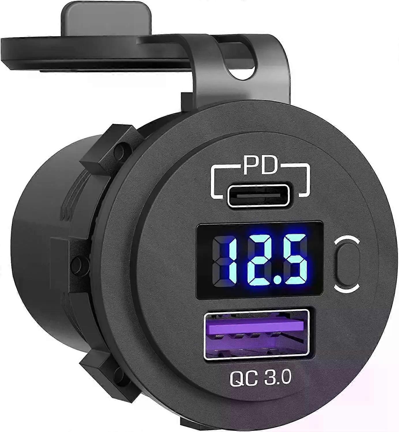 Hot USB C Car Charger Socket 12V/24V Dual USB Socket PD30 and QC30 Car USB Port With LED Voltmeter and On/Off Switch